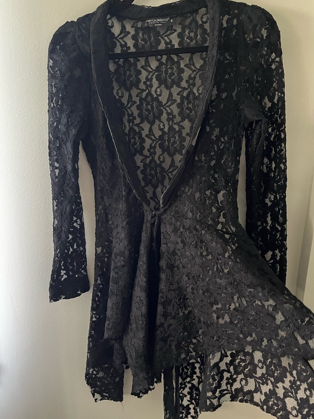 Black Lace Guipure Long-Sleeve Deep V Wrap Blazer with Peplum and Satin Collad